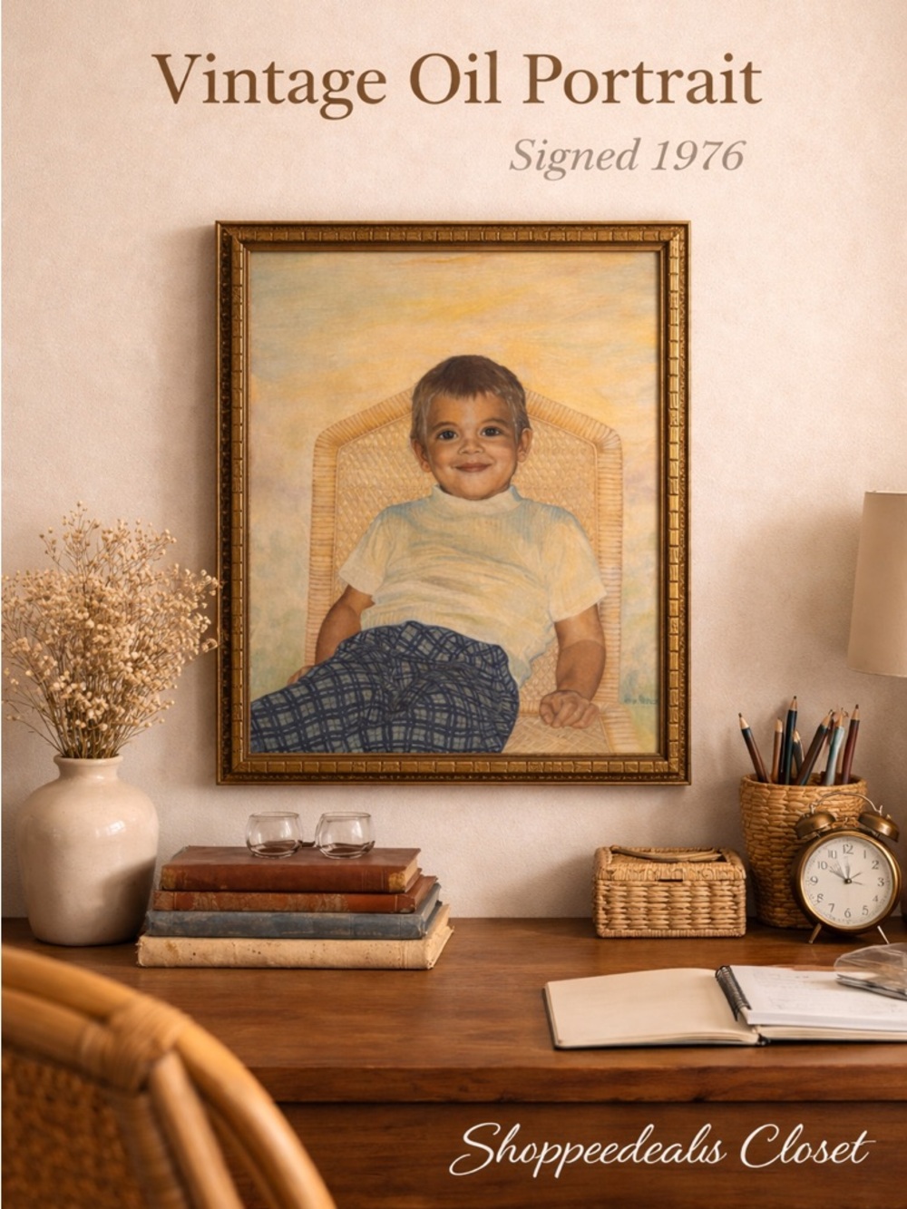 Vintage Framed Oil Painting Child Portrait Signed Ann Kelder 1976